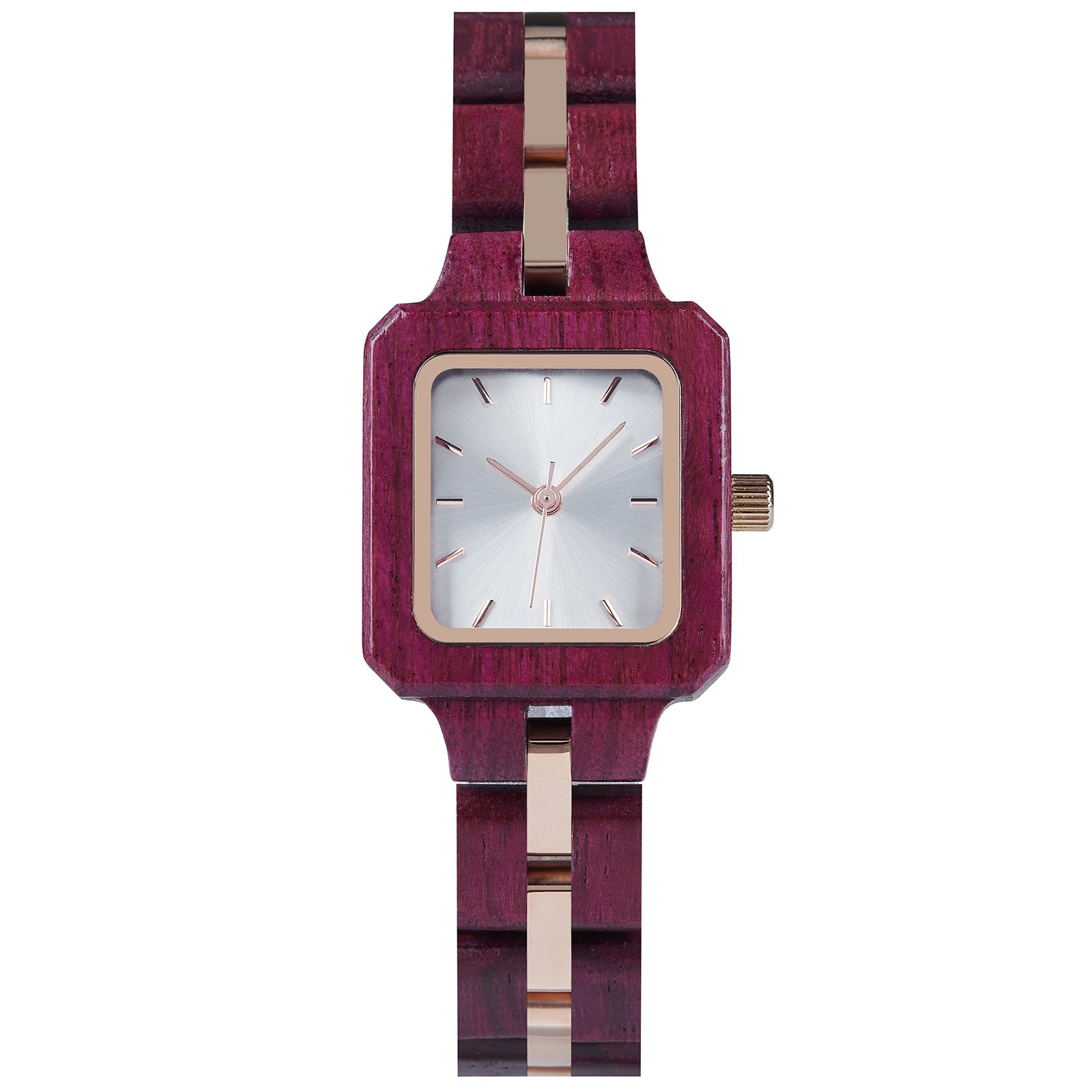 A sophisticated women's wooden watch with a white dial and rose gold accents, presented against a white background to highlight its refined and elegant design.