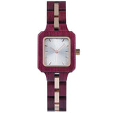 A sophisticated women's wooden watch with a white dial and rose gold accents, presented against a white background to highlight its refined and elegant design.