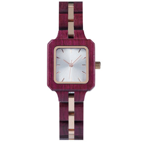 A sophisticated women's wooden watch with a white dial and rose gold accents, presented against a white background to highlight its refined and elegant design.