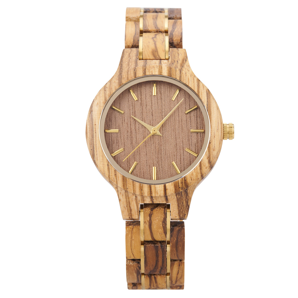 A sophisticated women's zebrawood watch with gold-tone accents, presented against a white background to highlight its unique wood grain and elegant design.