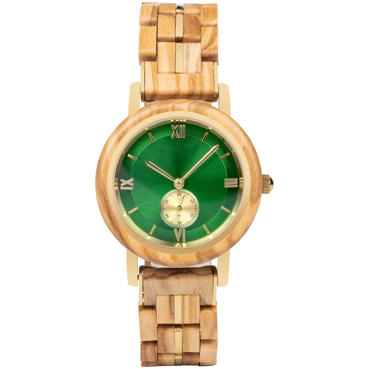A sophisticated women's wooden watch featuring a green dial, Roman numerals, sub-dial, and gold-accented details, presented against a white background to highlight its elegant and refined design.