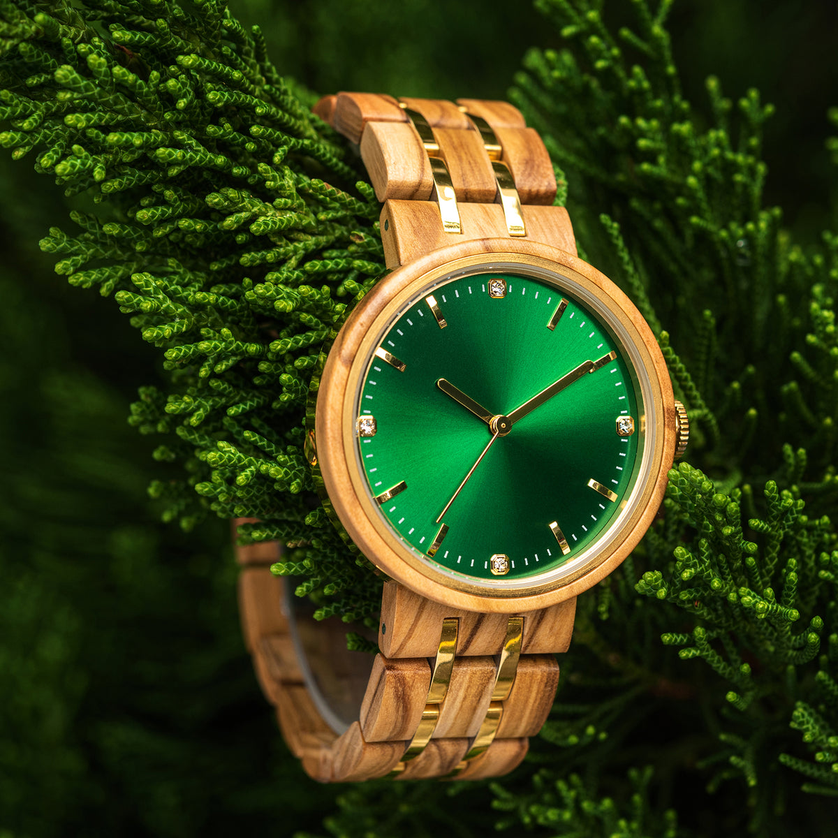 An elegant women's wooden watch featuring a green dial, gold-tone accents, diamond-like details, and a two-tone wood and metal band, nestled amidst green foliage to highlight its luxurious and natural design.
