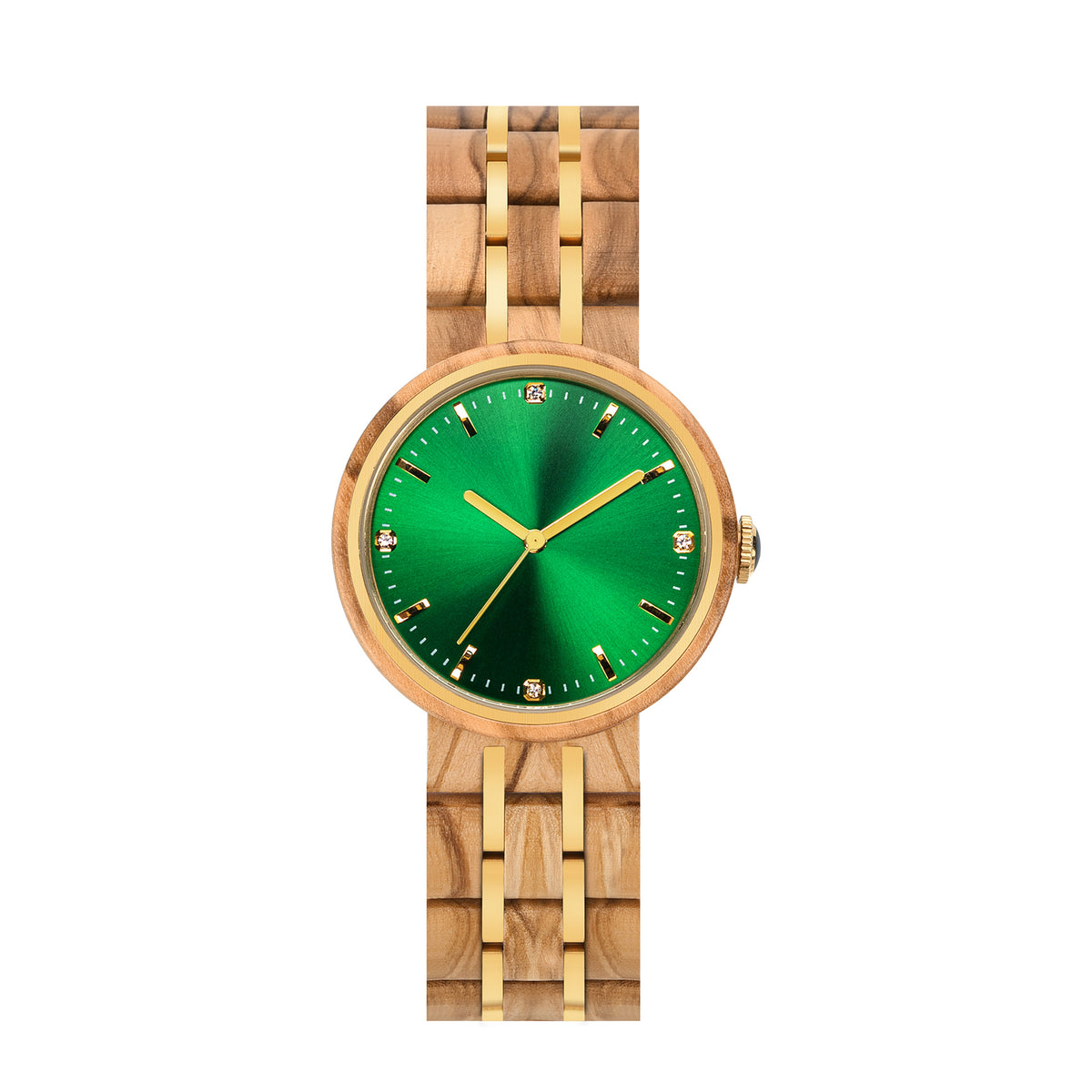 An elegant women's wooden watch featuring a green dial, gold-tone accents, diamond-like details, and a two-tone wood and metal band, presented against a white background to highlight its luxurious and sophisticated design.