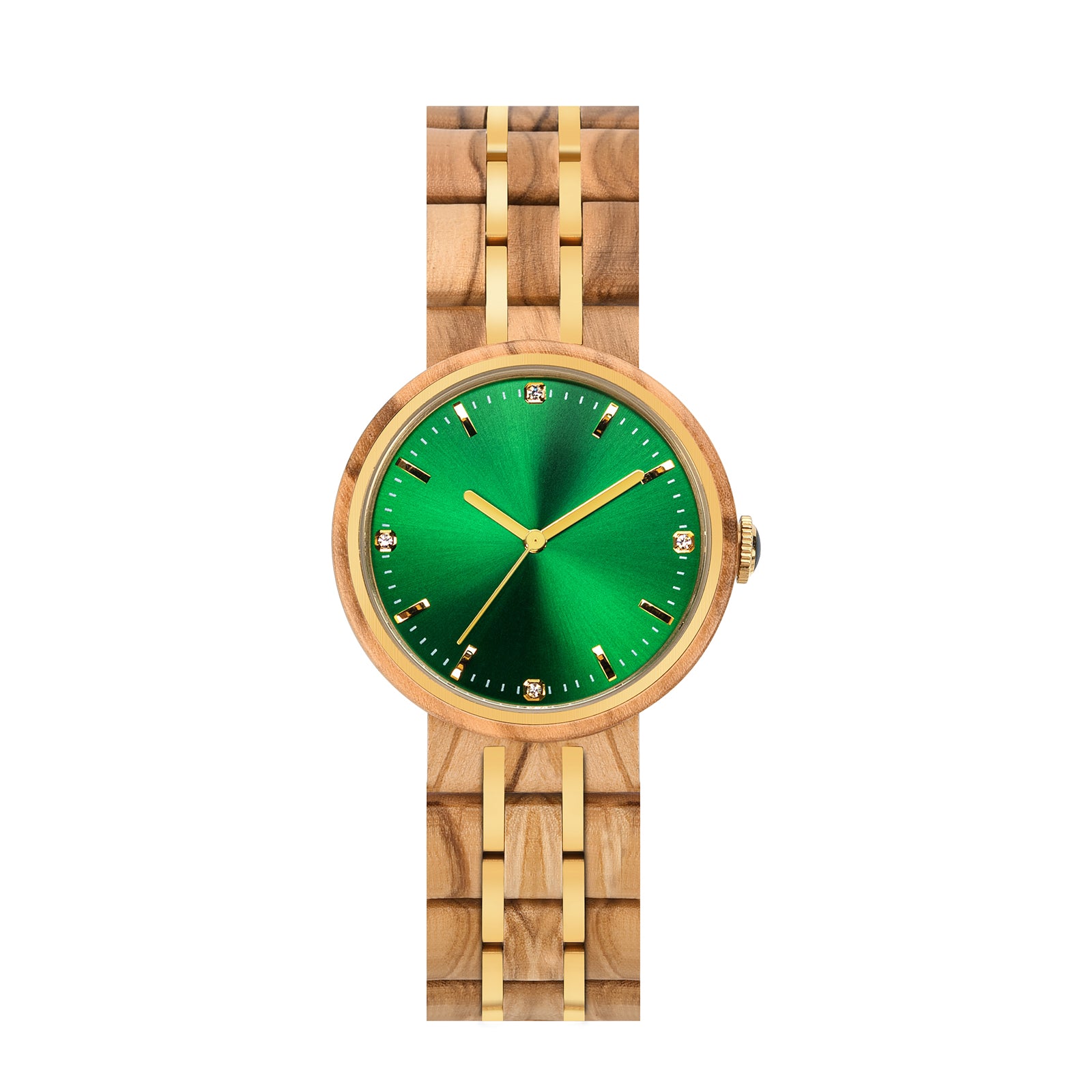 An elegant women's wooden watch featuring a green dial, gold-tone accents, diamond-like details, and a two-tone wood and metal band, presented against a white background to highlight its luxurious and sophisticated design.