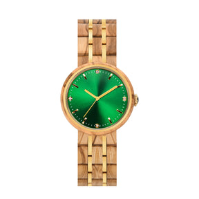 An elegant women's wooden watch featuring a green dial, gold-tone accents, diamond-like details, and a two-tone wood and metal band, presented against a white background to highlight its luxurious and sophisticated design.