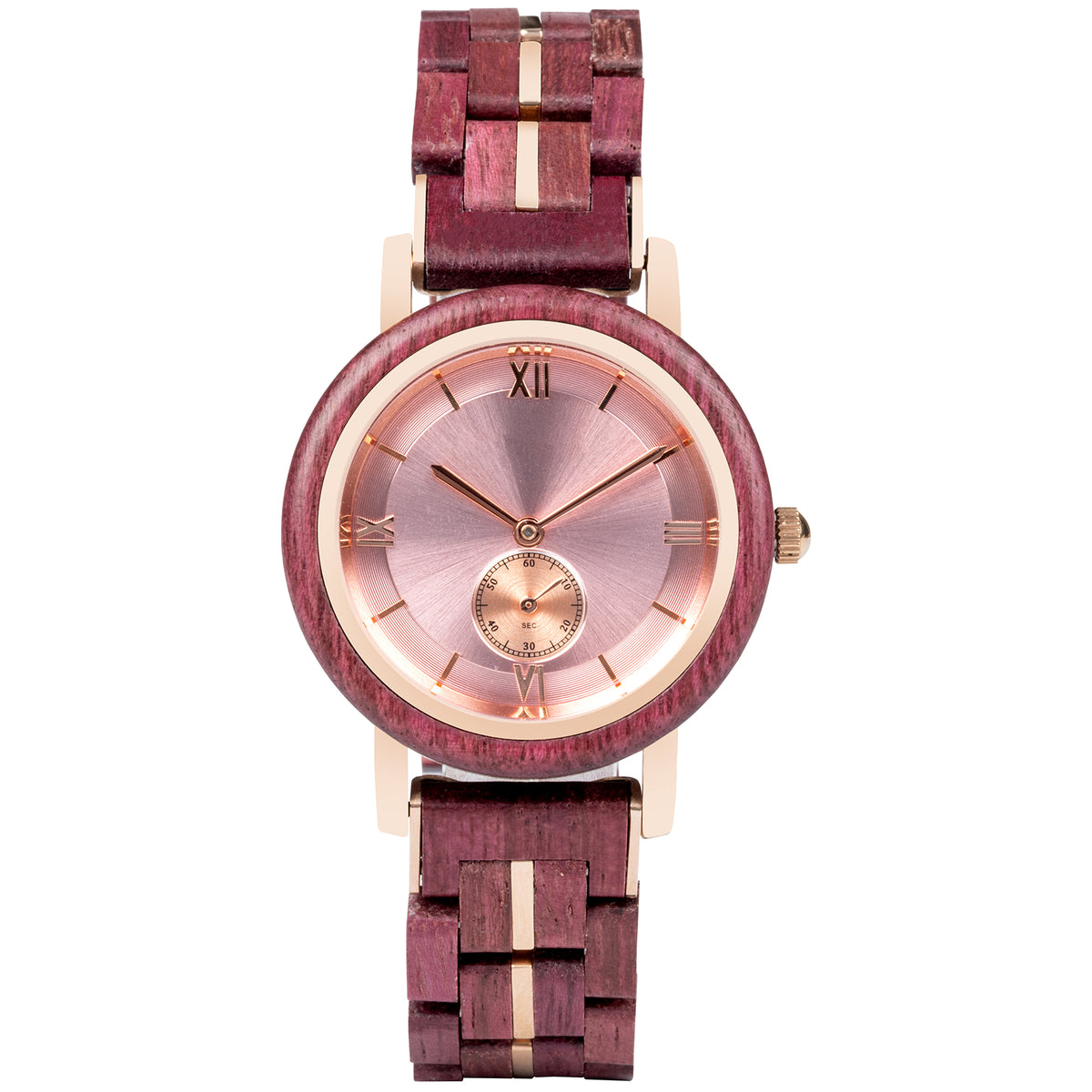 A sophisticated women's wooden watch featuring a pink dial, Roman numerals, sub-dial, and gold-accented details, presented against a white background to highlight its elegant and refined design.