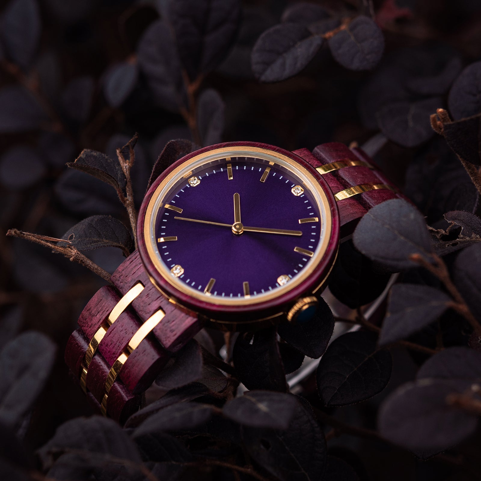 An elegant women's wooden watch featuring a purple dial, gold-tone accents, diamond-like details, and a two-tone wood and metal band, nestled amidst dark foliage to highlight its luxurious and natural design.