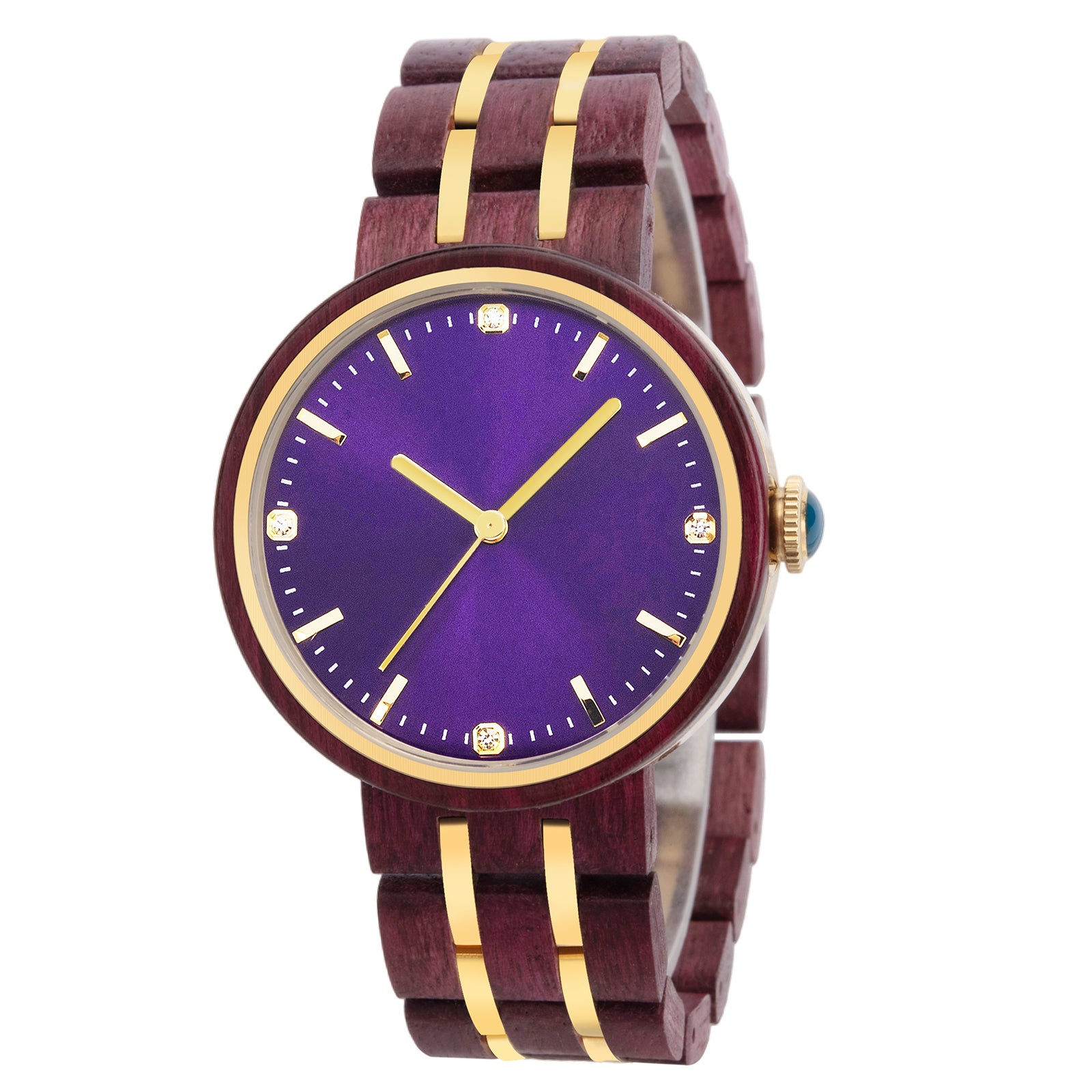 An elegant women's wooden watch featuring a purple dial, gold-tone accents, diamond-like details, and a two-tone wood and metal band, shown in detailed side view against a white background to highlight its luxurious and sophisticated design.