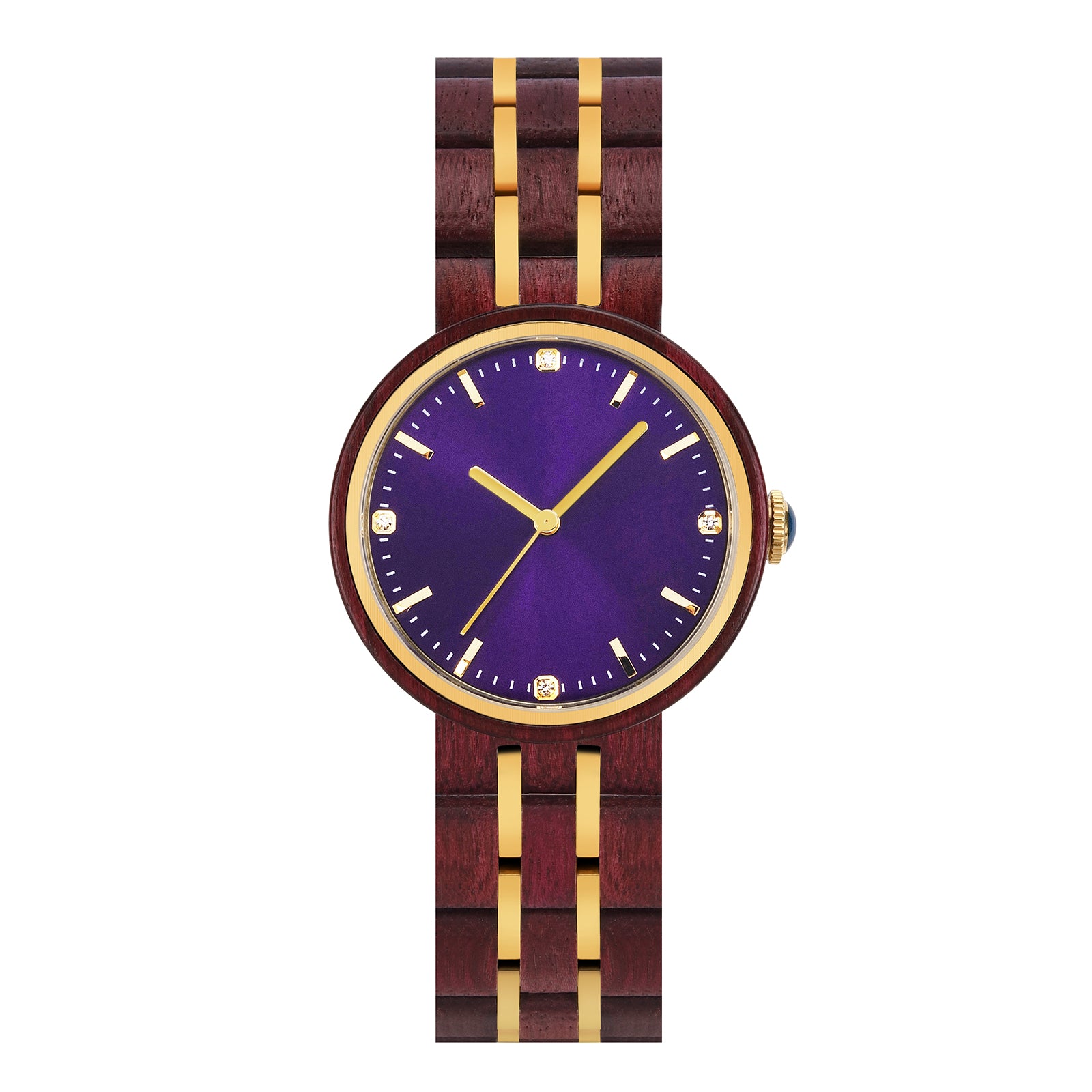 An elegant women's wooden watch featuring a purple dial, gold-tone accents, diamond-like details, and a two-tone wood and metal band, presented against a white background to highlight its luxurious and sophisticated design.