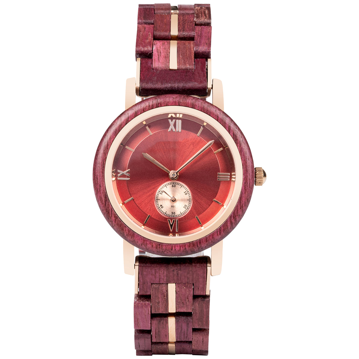 A sophisticated women's wooden watch featuring a red dial, Roman numerals, sub-dial, and gold-accented details, presented against a white background to highlight its elegant and refined design.