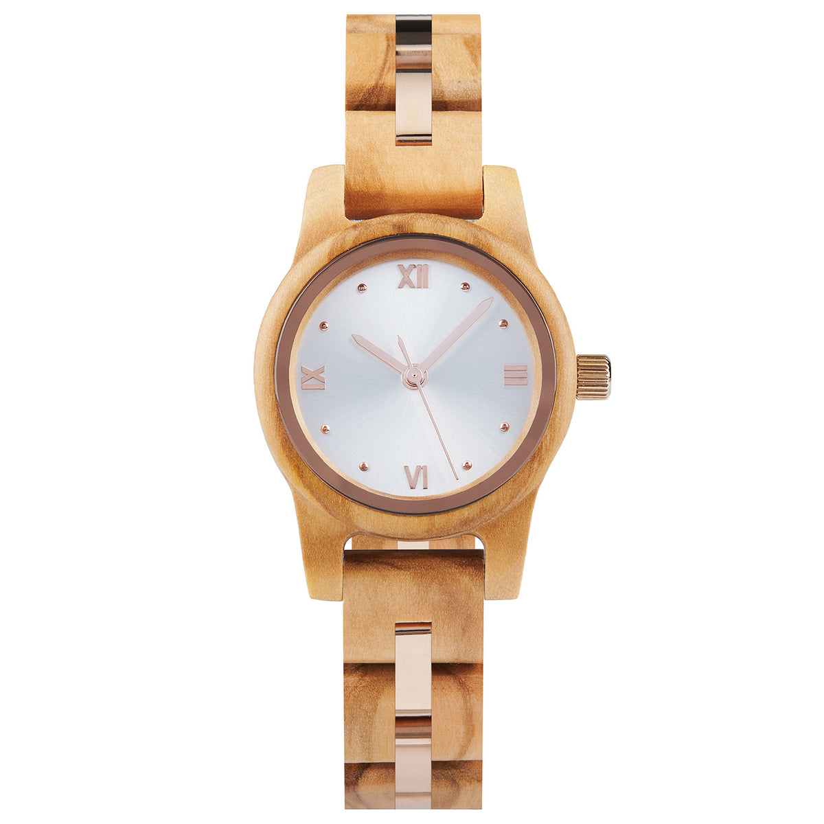 A sophisticated women's wooden watch featuring a silver dial, rose gold accents, and Roman numerals, presented against a white background to highlight its refined and elegant design.