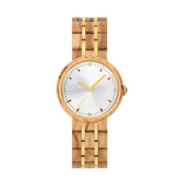 An elegant women's wooden watch featuring a silver dial, gold-tone accents, diamond-like details, and a two-tone wood and metal band, presented against a white background to highlight its luxurious and sophisticated design.