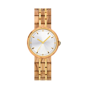An elegant women's wooden watch featuring a silver dial, gold-tone accents, diamond-like details, and a two-tone wood and metal band, presented against a white background to highlight its luxurious and sophisticated design.