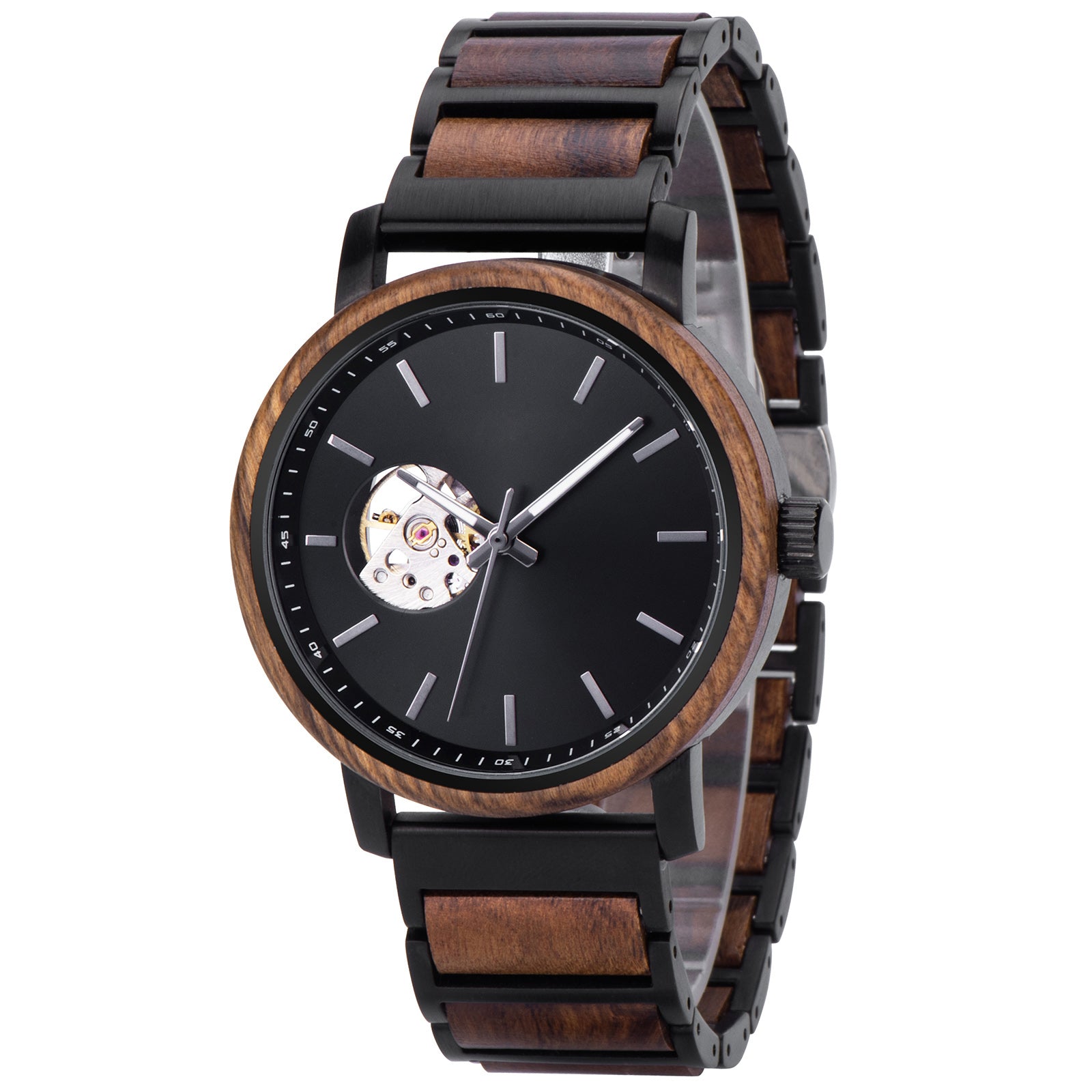 A stylish automatic watch with a wooden bezel, black metal and wood combined band, featuring a skeleton movement window on a black dial, presented at an angle against a white background.