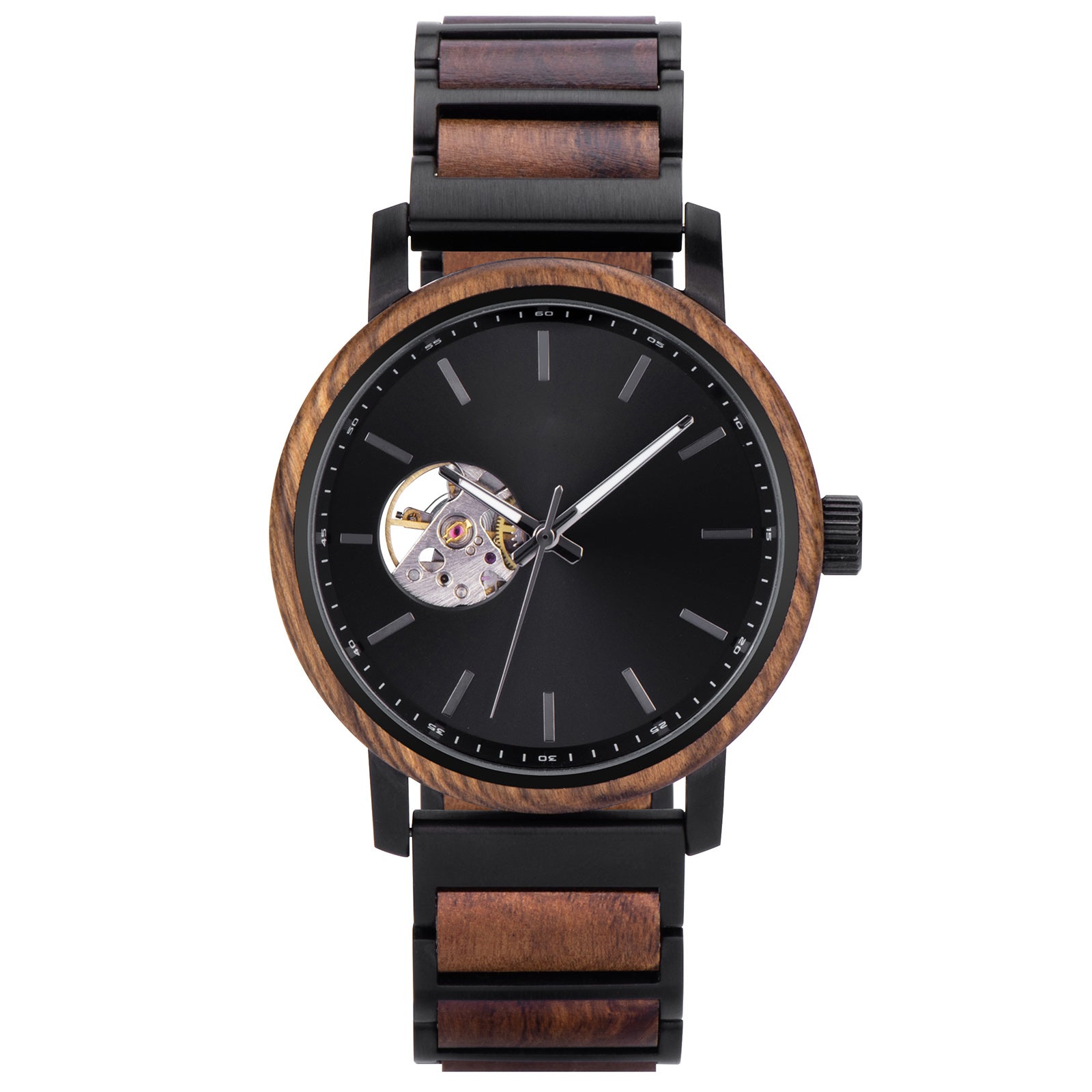 A stylish automatic watch with a wooden bezel, black metal and wood combined band, featuring a skeleton movement window on a black dial, isolated against a white background.