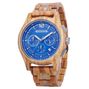 A chronograph watch with a blue dial, olive wood case and band, featuring silver accents, multiple sub-dials, a date window, and a sleek design.