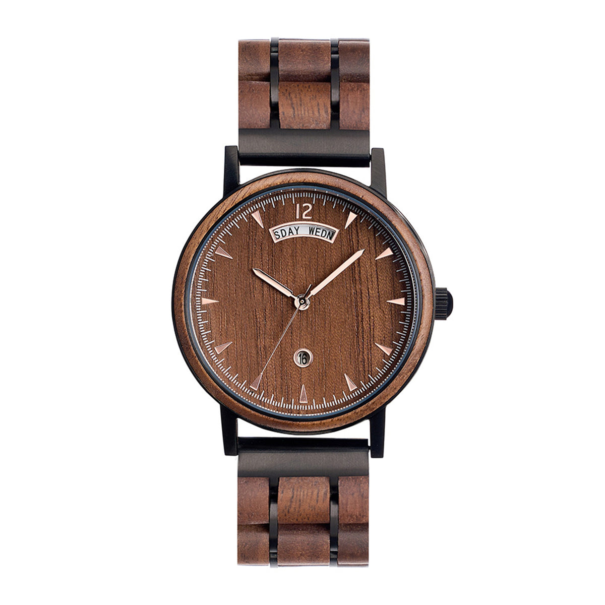 A men's wristwatch featuring a brown wooden dial with rose gold-tone hour markers and hands, displaying the day "WEDN" and date "16", paired with a strap made of wooden links and black metal accents, set against a white background.