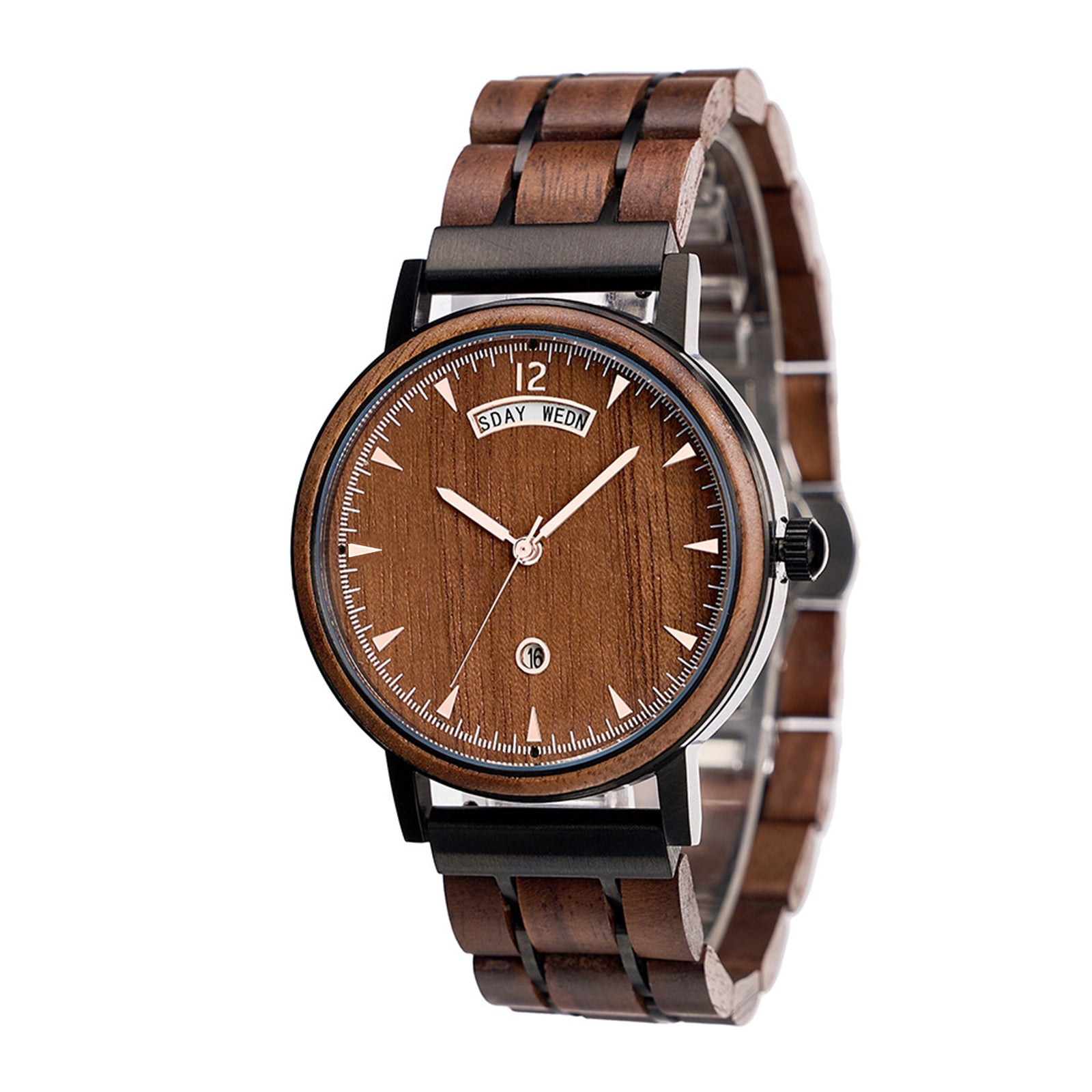A wristwatch with a brown wooden dial, displaying "WEDN" for the day and "16" for the date, featuring a strap made of brown wooden links and black metal accents, presented against a white background.