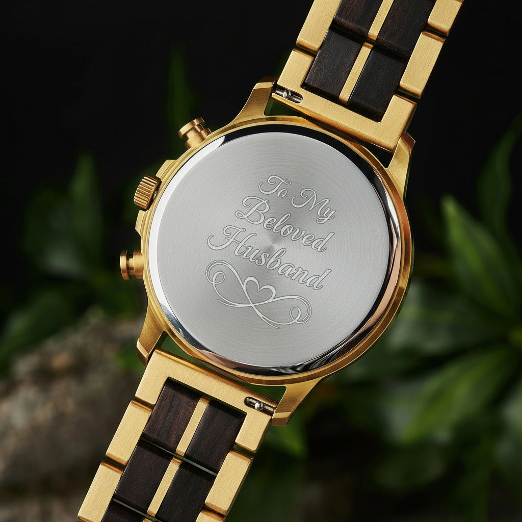 A close-up of the case back of a chronograph watch with a combination of gold metal and dark wood bracelet, showcasing its polished finish, set against green foliage in the background.