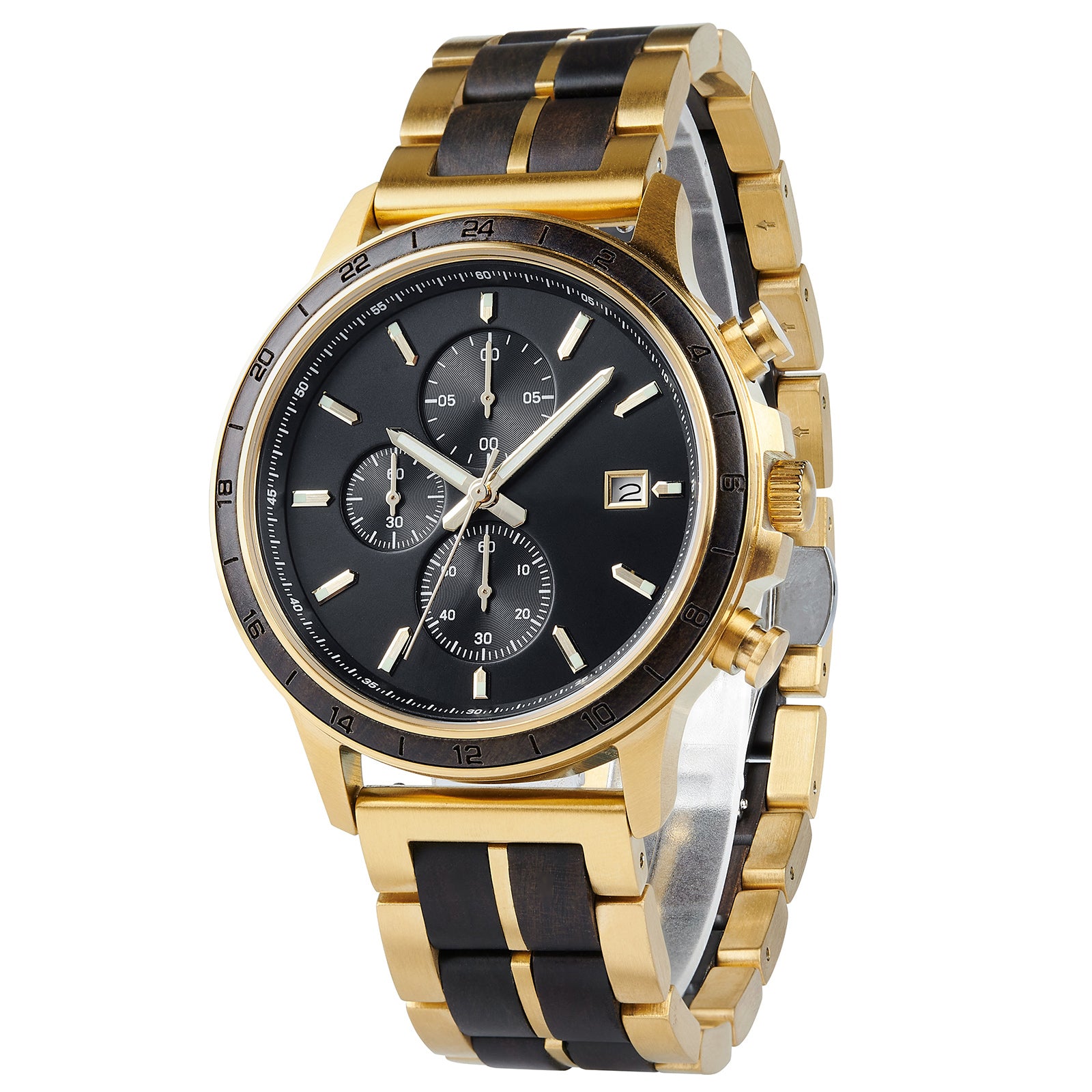 A chronograph watch with a combination of gold metal and dark wood bracelet, featuring a black dial with multiple sub-dials, 24-hour markers on the bezel, and a date window, shown from a side angle against a white background.