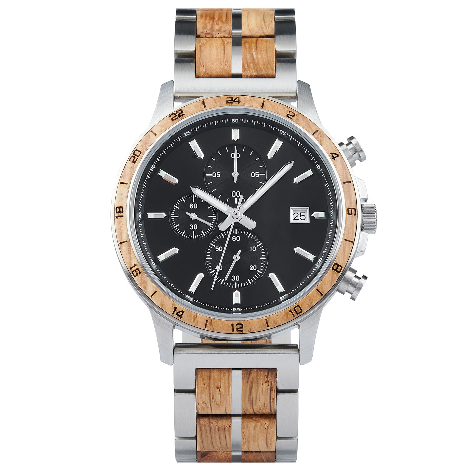 A chronograph watch with a combination of silver metal and light wood bracelet, featuring a black dial with multiple sub-dials, 24-hour markers on the bezel, and a date window, presented against a white background.