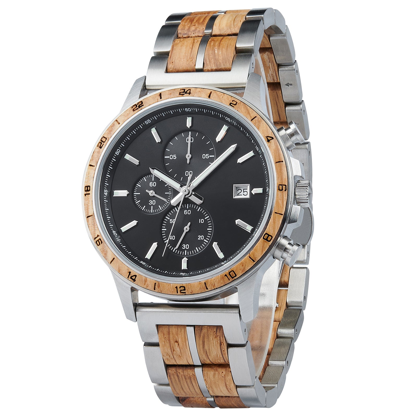 A chronograph watch with a combination of silver metal and light wood bracelet, featuring a black dial with multiple sub-dials, 24-hour markers on the bezel, and a date window, shown from a side angle against a white background.