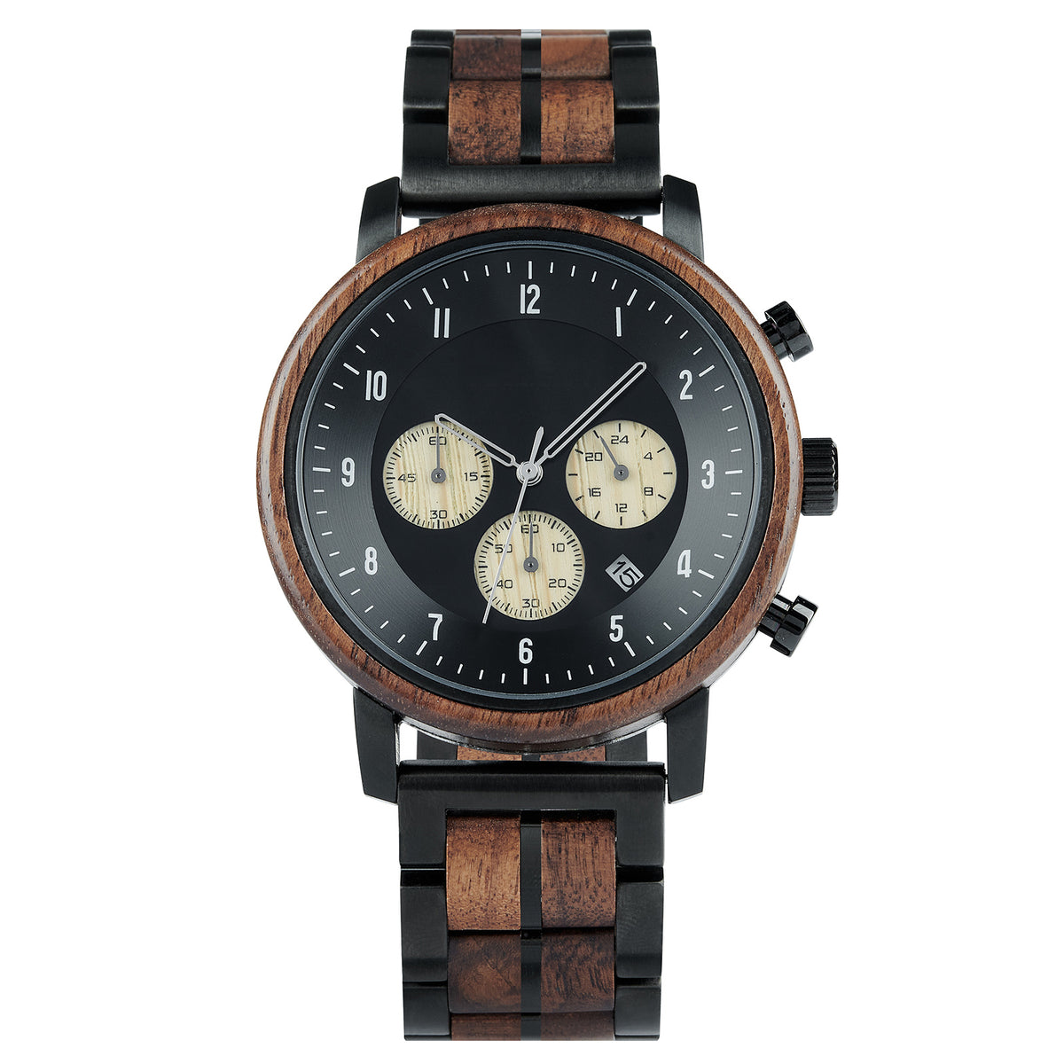 A chronograph watch with a combination of wooden and black metal bracelet, featuring a black dial with beige chronograph sub-dials, numerical hour markers, and a date window, presented against a white background.