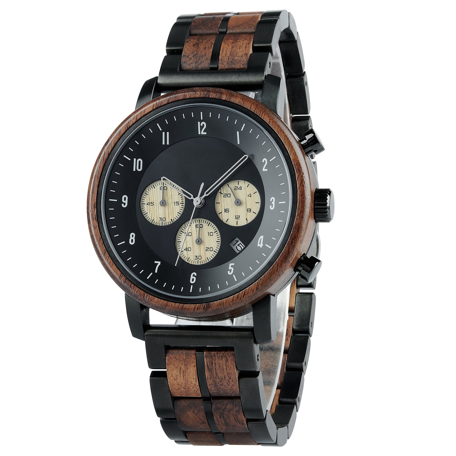 A chronograph watch with a combination of wooden and black metal bracelet, featuring a black dial with beige chronograph sub-dials, numerical hour markers, and a date window, shown from a side angle against a white background.
