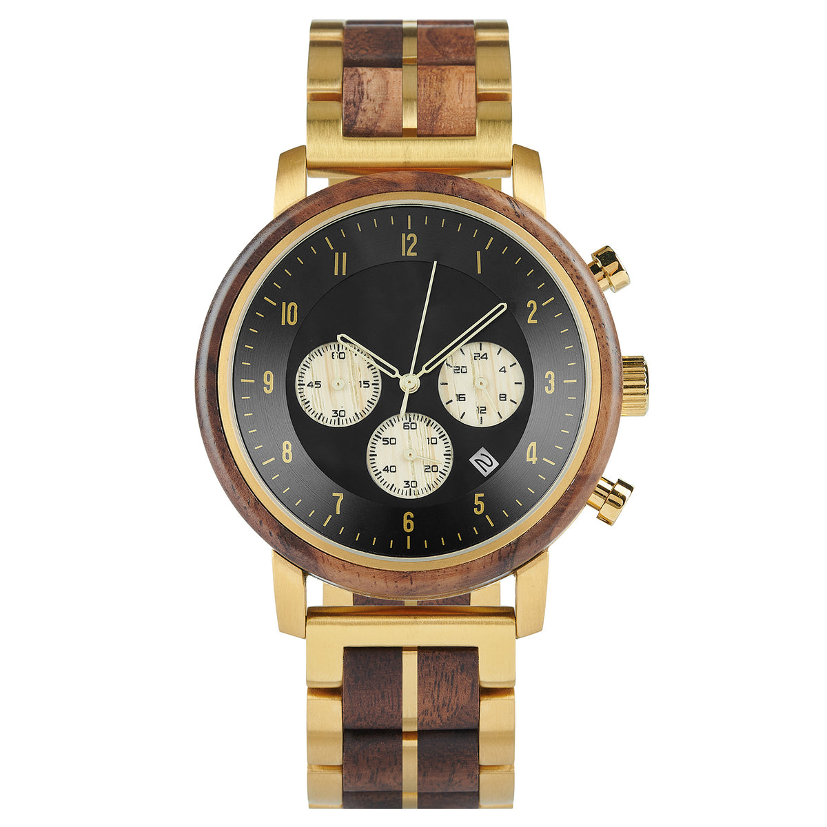 A chronograph watch with a combination of wooden and gold metal bracelet, featuring a black dial with gold accents, beige chronograph sub-dials, numerical hour markers, and a date window, presented against a white background.