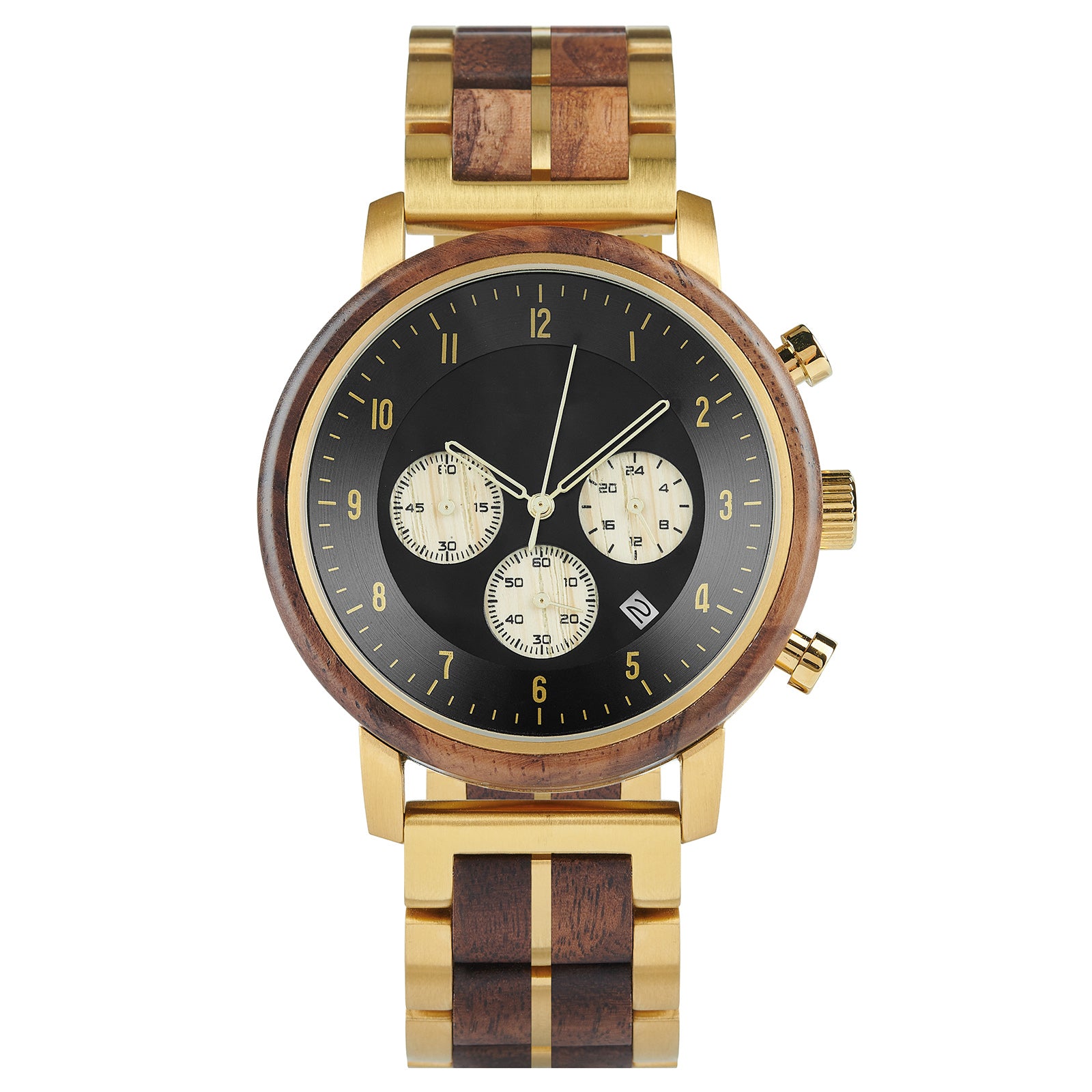 A chronograph watch with a combination of wooden and gold metal bracelet, featuring a black dial with gold accents, beige chronograph sub-dials, numerical hour markers, and a date window, presented against a white background.