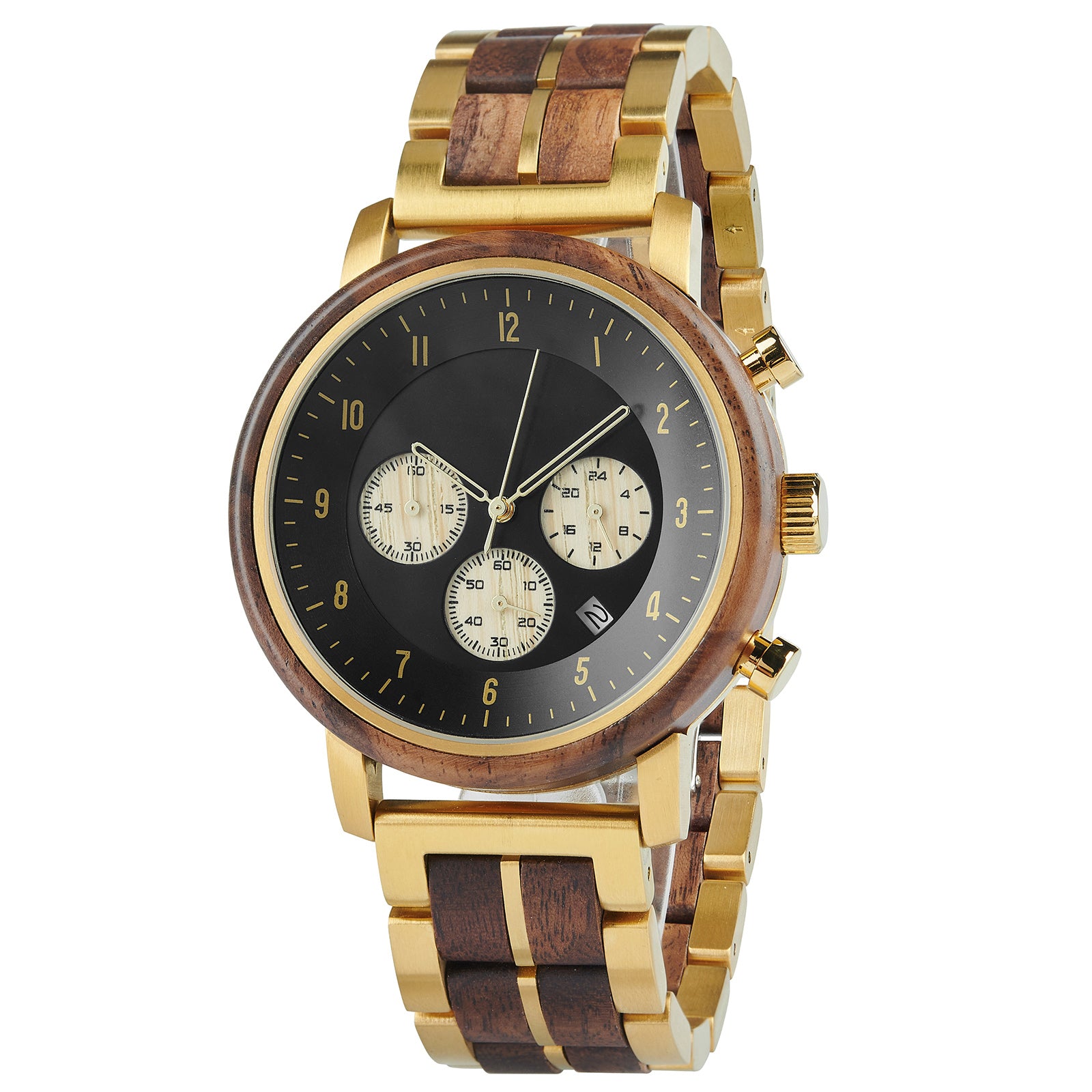 A chronograph watch with a combination of wooden and gold metal bracelet, featuring a black dial with gold accents, beige chronograph sub-dials, numerical hour markers, and a date window, shown from a side angle against a white background.