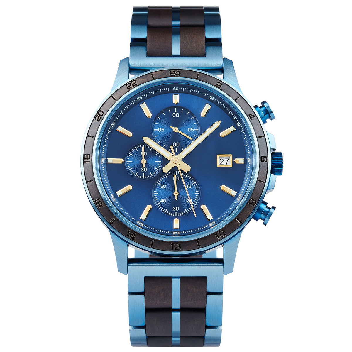 A chronograph watch with a combination of blue metal and dark wood bracelet, featuring a blue dial with multiple sub-dials, 24-hour markers on the bezel, and a date window, presented against a white background.