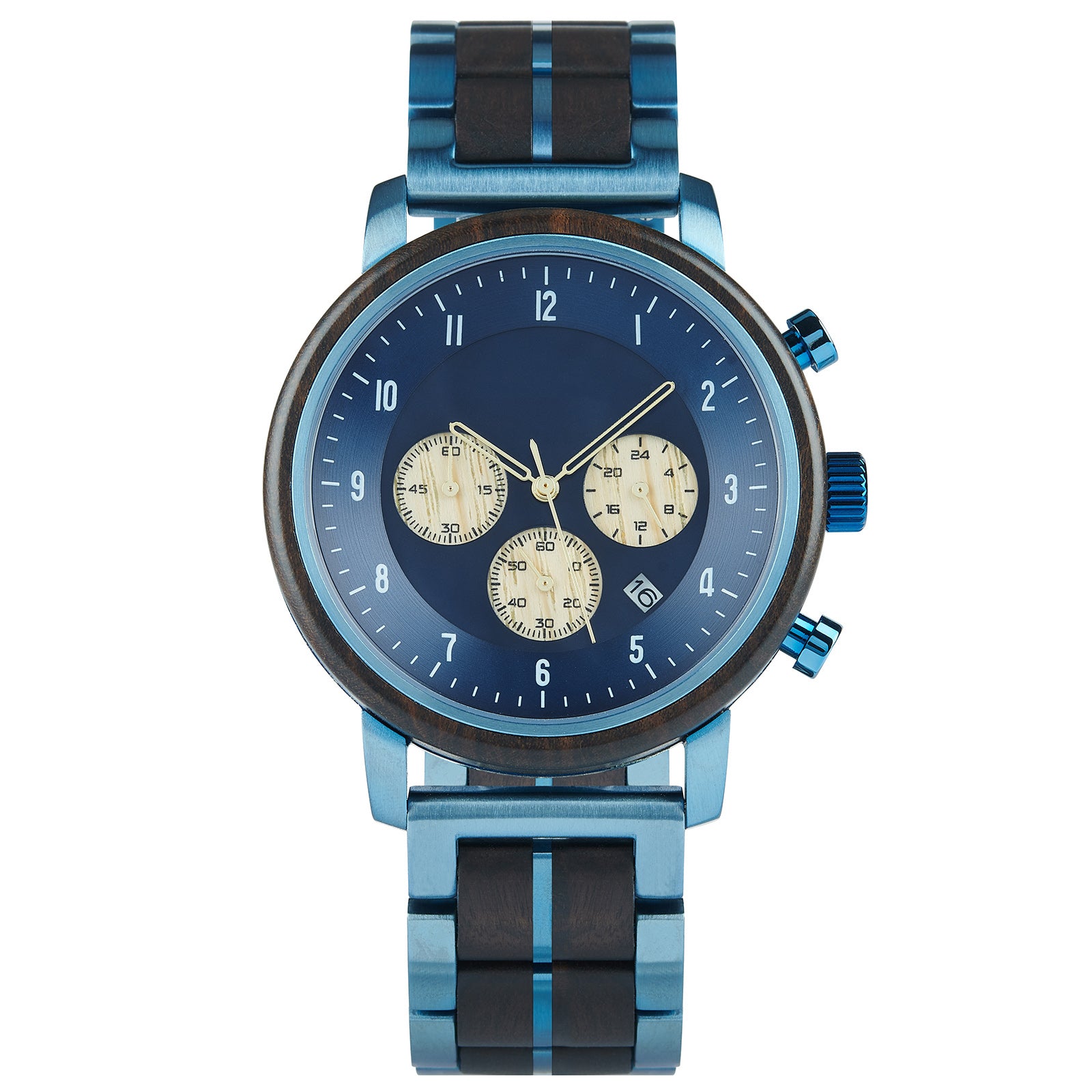 A chronograph watch with a combination of wooden and blue metal bracelet, featuring a blue dial with beige chronograph sub-dials, numerical hour markers, and a date window, presented against a white background.