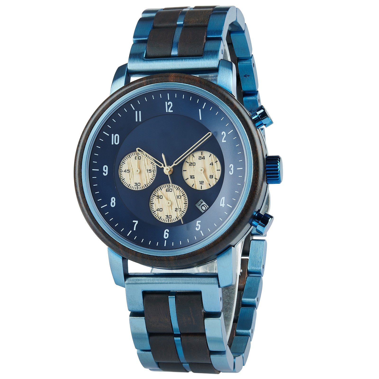 A chronograph watch with a combination of wooden and blue metal bracelet, featuring a blue dial with beige chronograph sub-dials, numerical hour markers, and a date window, shown from a side angle against a white background.