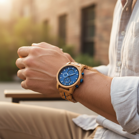Blue Dial Wooden Watch Model