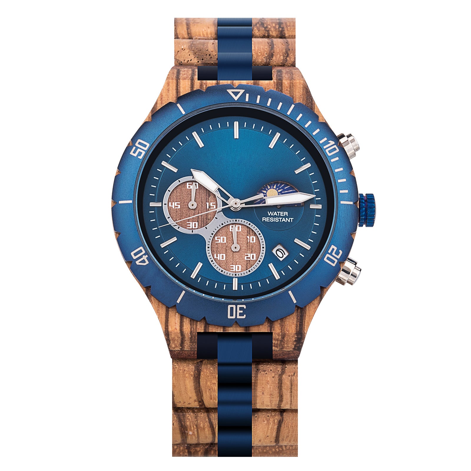 A multifunction watch with a combination of wooden and blue metal bracelet, featuring a blue dial with chronograph sub-dials, moon phase display, water-resistant label, and date window, presented against a white background.