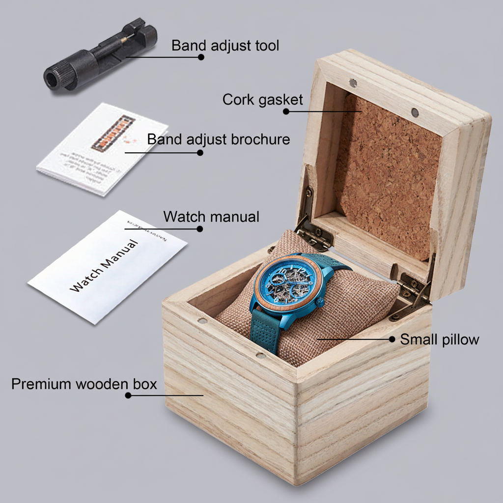 Blue Skeleton Watch on Pillow in Wooden Gift Box