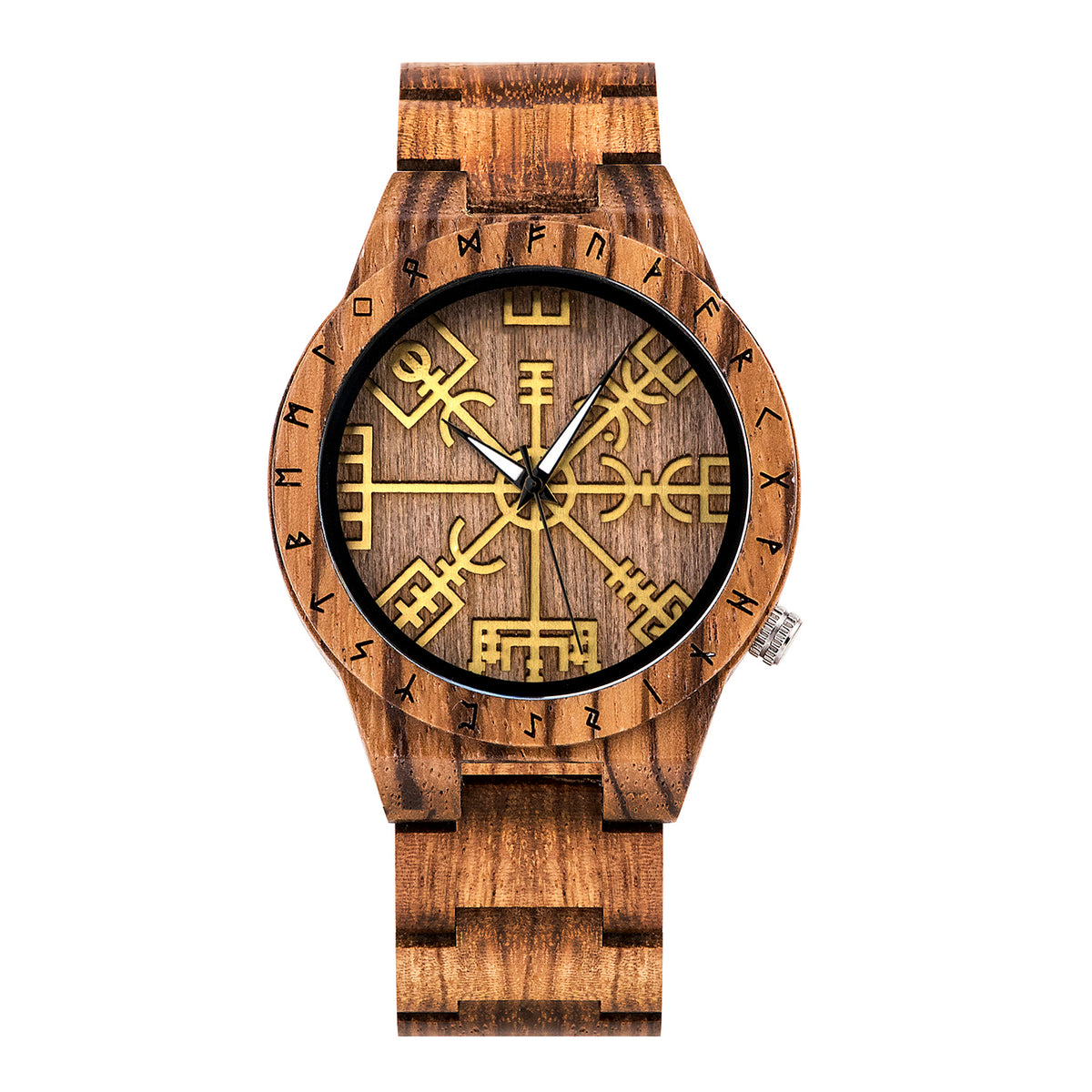 A brown wooden wristwatch featuring golden Viking symbols and runes on the dial, displayed against a plain white background.