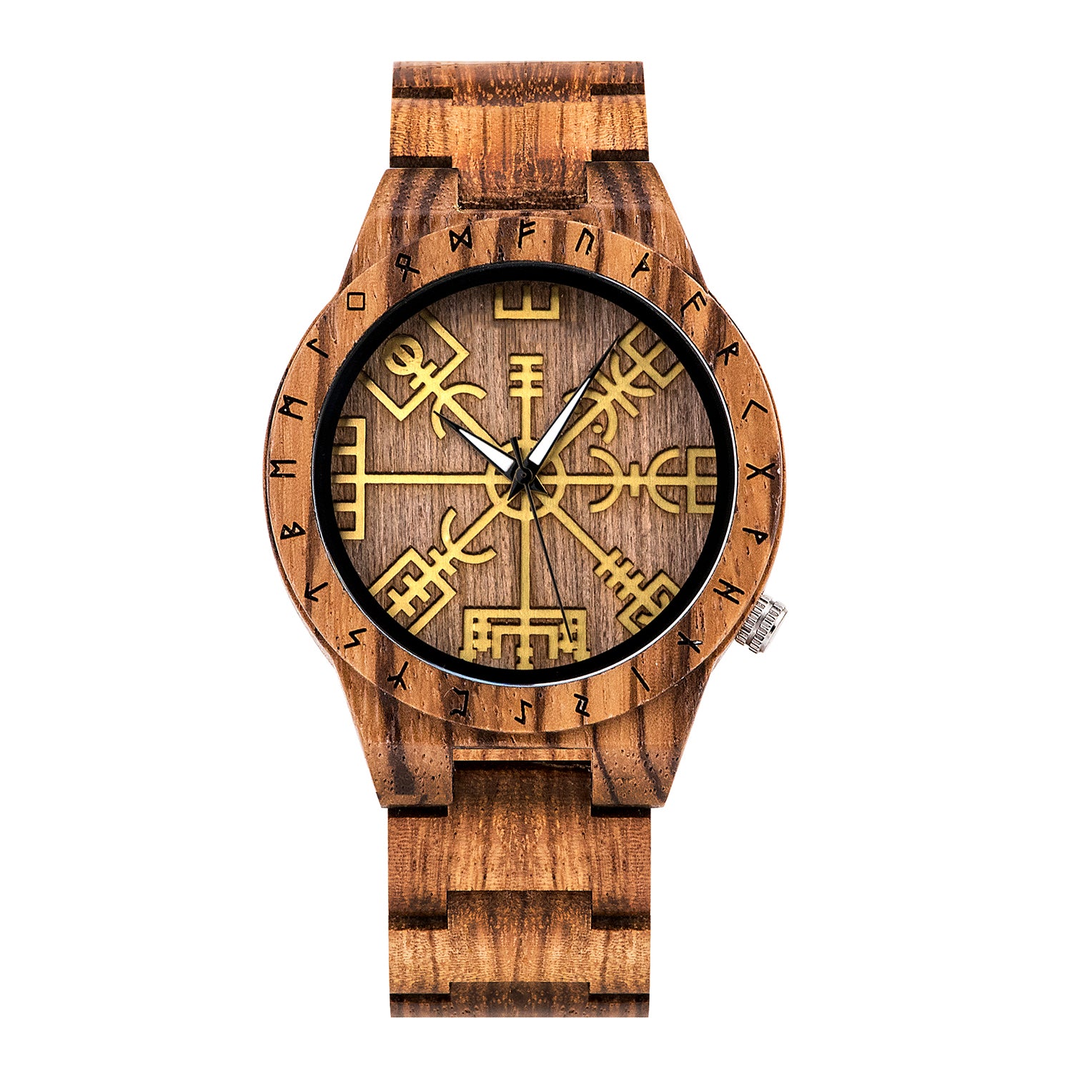 A brown wooden wristwatch featuring golden Viking symbols and runes on the dial, displayed against a plain white background.