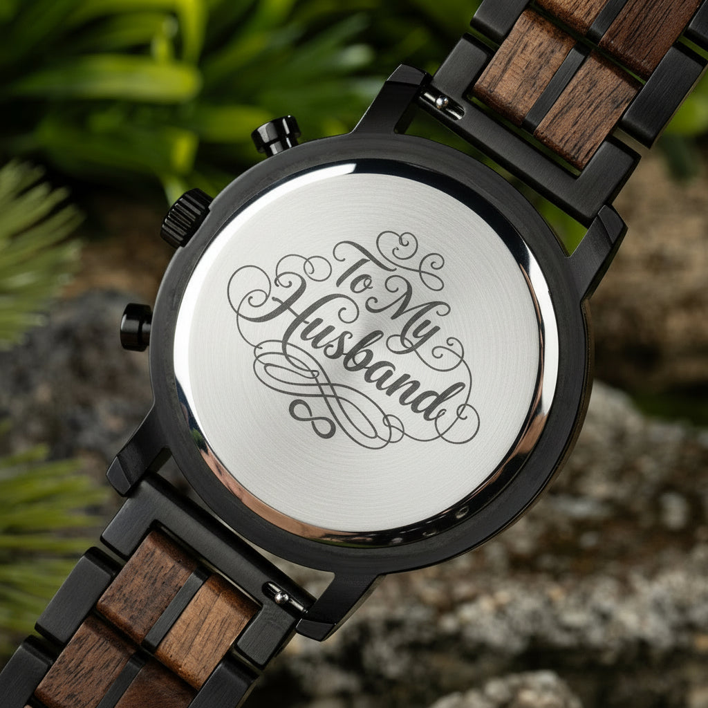 The case back of a chronograph watch with a combination of wooden and black metal bracelet, featuring an engraved Greek key pattern, placed on a rock with green foliage in the background.