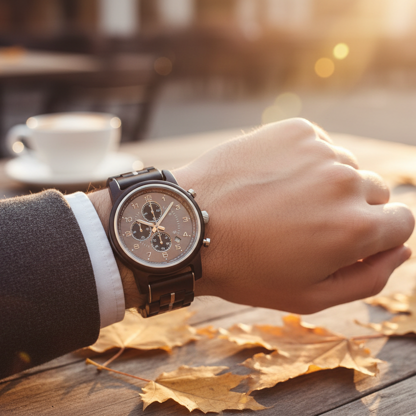 Dark Ebony Chronograph Watch Autumn Cafe Lifestyle Shot