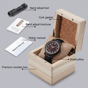 Dark Ebony Wood Watch on Pillow in Open Wooden Gift Box