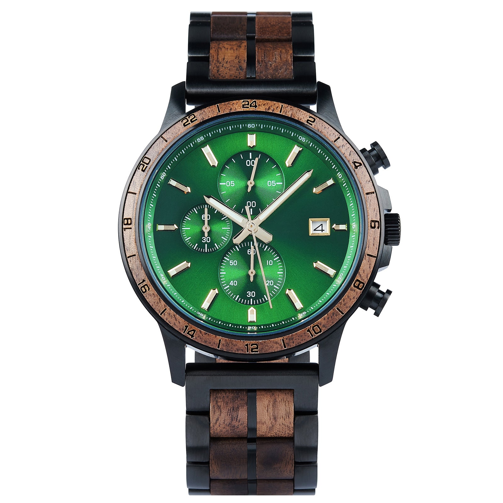 A chronograph watch with a combination of black metal and light wood bracelet, featuring a green dial with multiple sub-dials, 24-hour markers on the bezel, and a date window, presented against a white background.