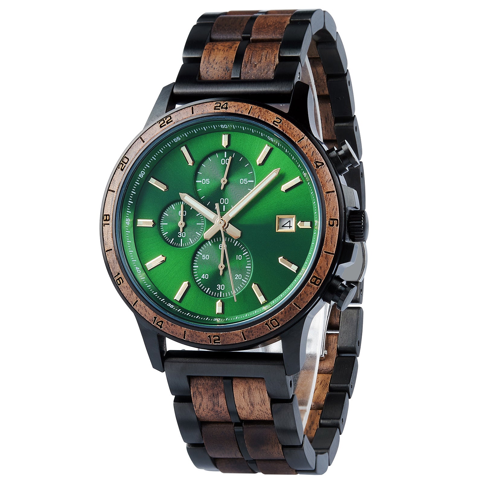 A chronograph watch with a combination of black metal and light wood bracelet, featuring a green dial with multiple sub-dials, 24-hour markers on the bezel, and a date window, shown from a side angle against a white background.