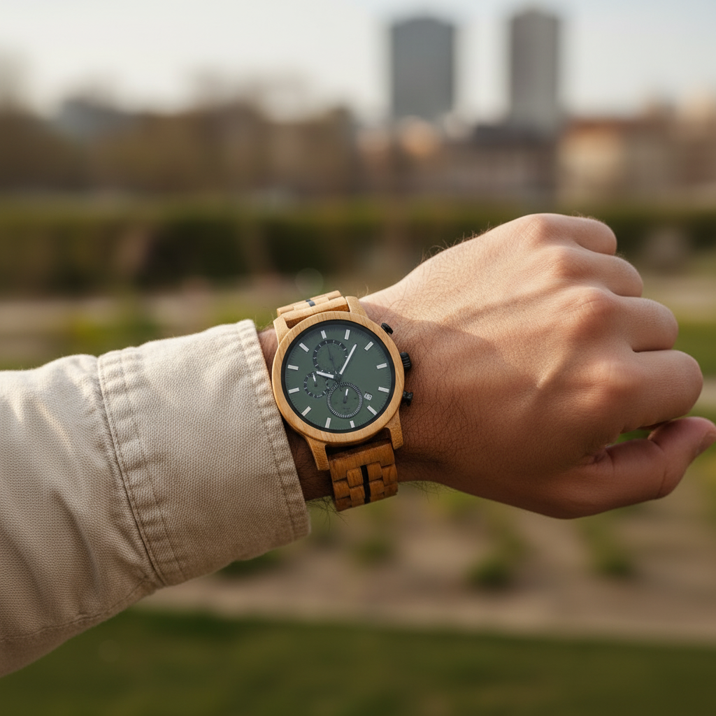 Male Model Wearing Wooden Watch 1:1