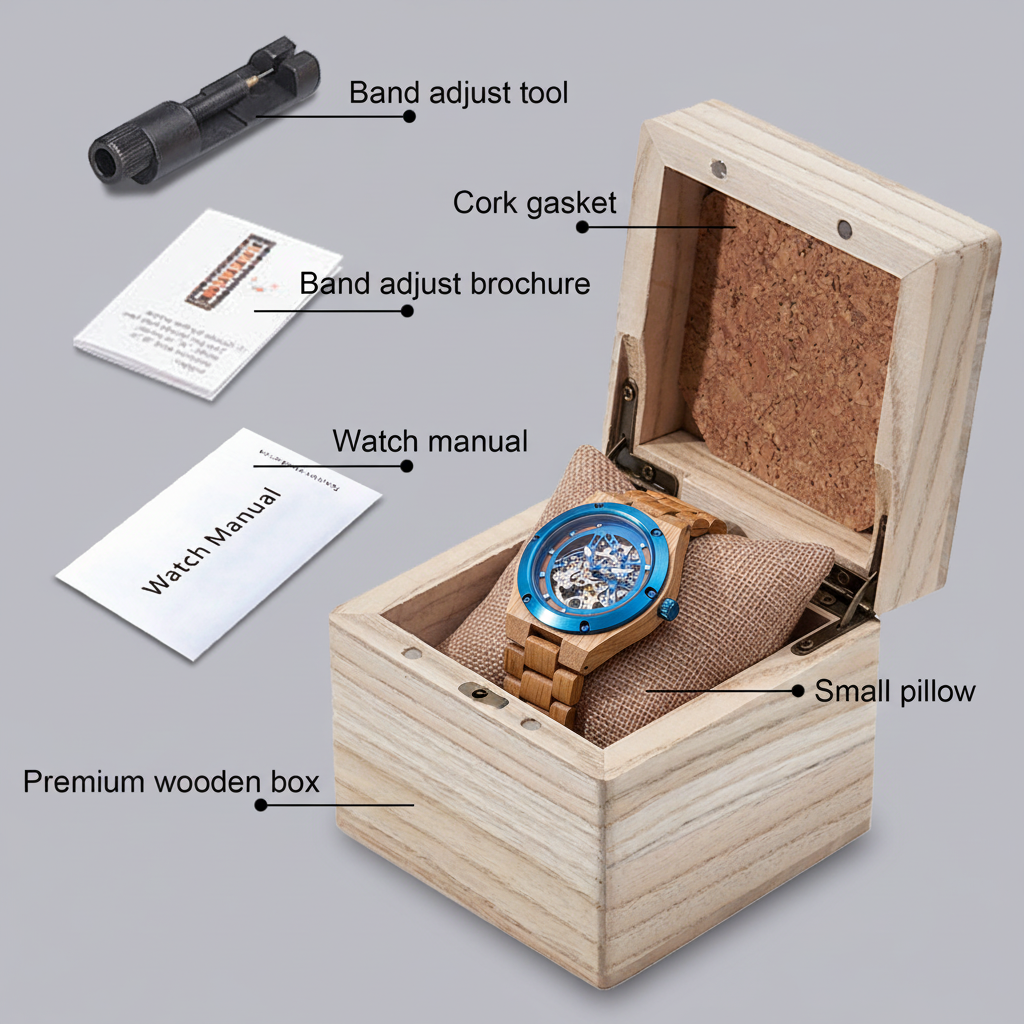 Maple Blue Bezel Skeleton Watch on Pillow in Wooden Gift Box