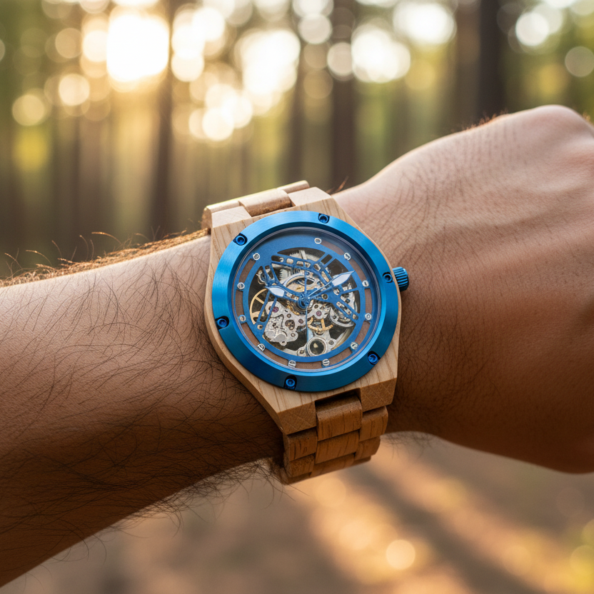 Maple Wood Blue Bezel Skeleton Watch Wrist Lifestyle Shot