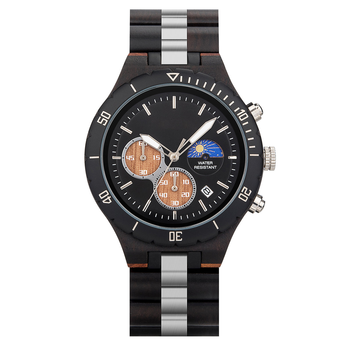 A multifunction watch featuring a combination of wooden and metal bracelet, a black dial with chronograph sub-dials, moon phase display, water-resistant label, and a date window, presented against a white background.