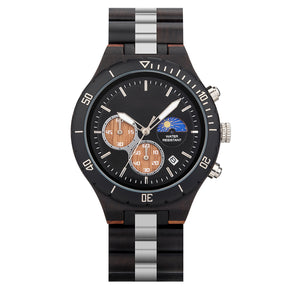 A multifunction watch featuring a combination of wooden and metal bracelet, a black dial with chronograph sub-dials, moon phase display, water-resistant label, and a date window, presented against a white background.