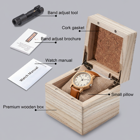 Olive Wood Watch on Pillow in Open Wooden Gift Box